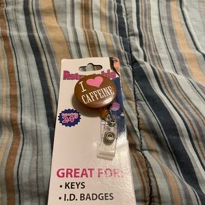 NIP Retractable Clip 24” for I.D. Badge, keys & more says “I 💗 CAFFEINE”